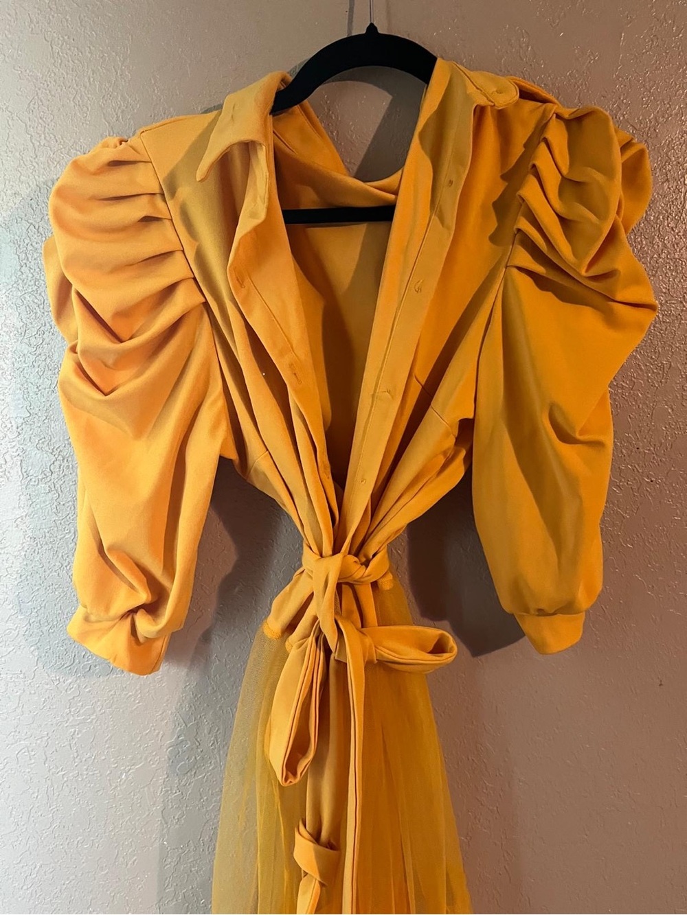 Yellow Puff-Sleeve Tie-Waist Dress